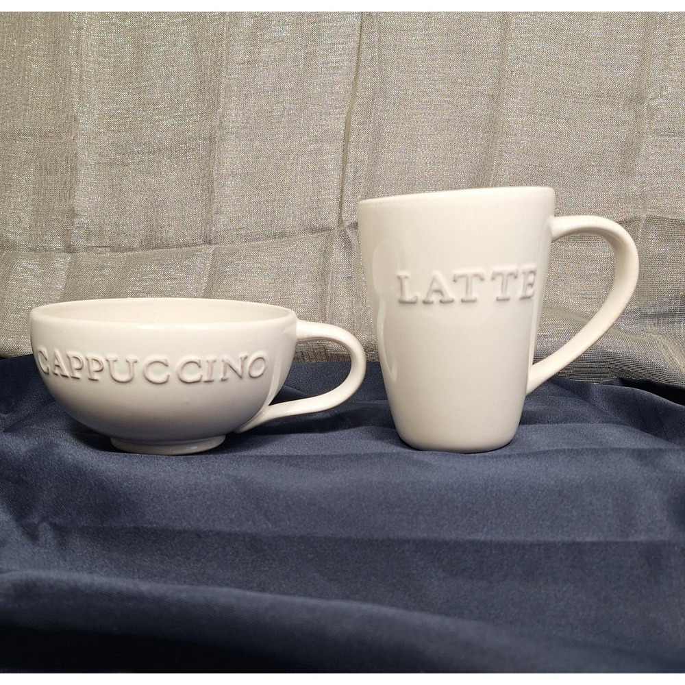 2 Pottery Barn OVERSIZED Mugs Cappuccino & Latte Ivory Stoneware Pair Cups EUC